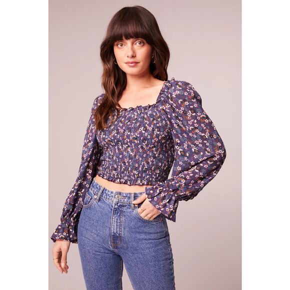 Band of Gypsies Band of the Free Womens Agathe Purple Floral Smocked Top Size XS - Picture 2 of 8